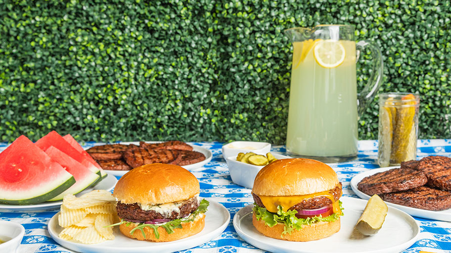 plant-based burgers at a summer picnic